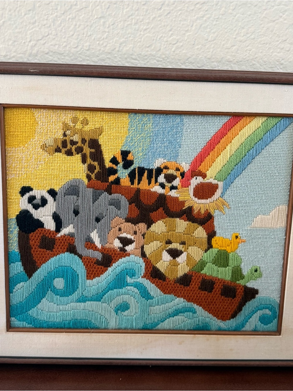Framed Noah's Ark Crewel Wall Art with Rainbow